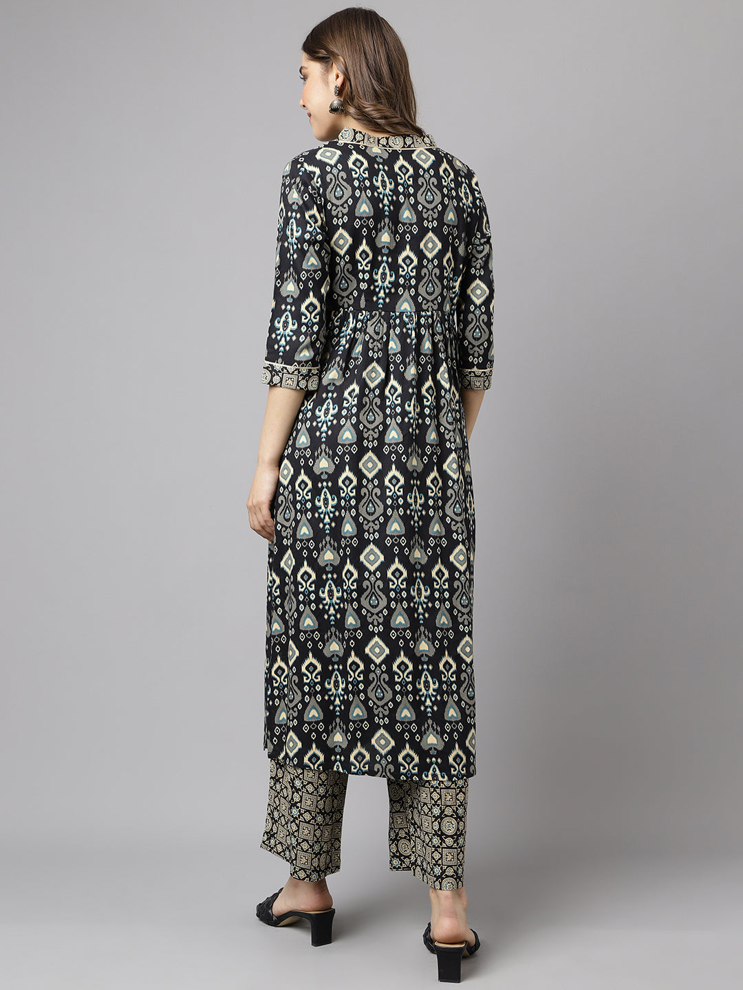 FIORRA Women's Black Cotton A-Line Kurta with Palazzo